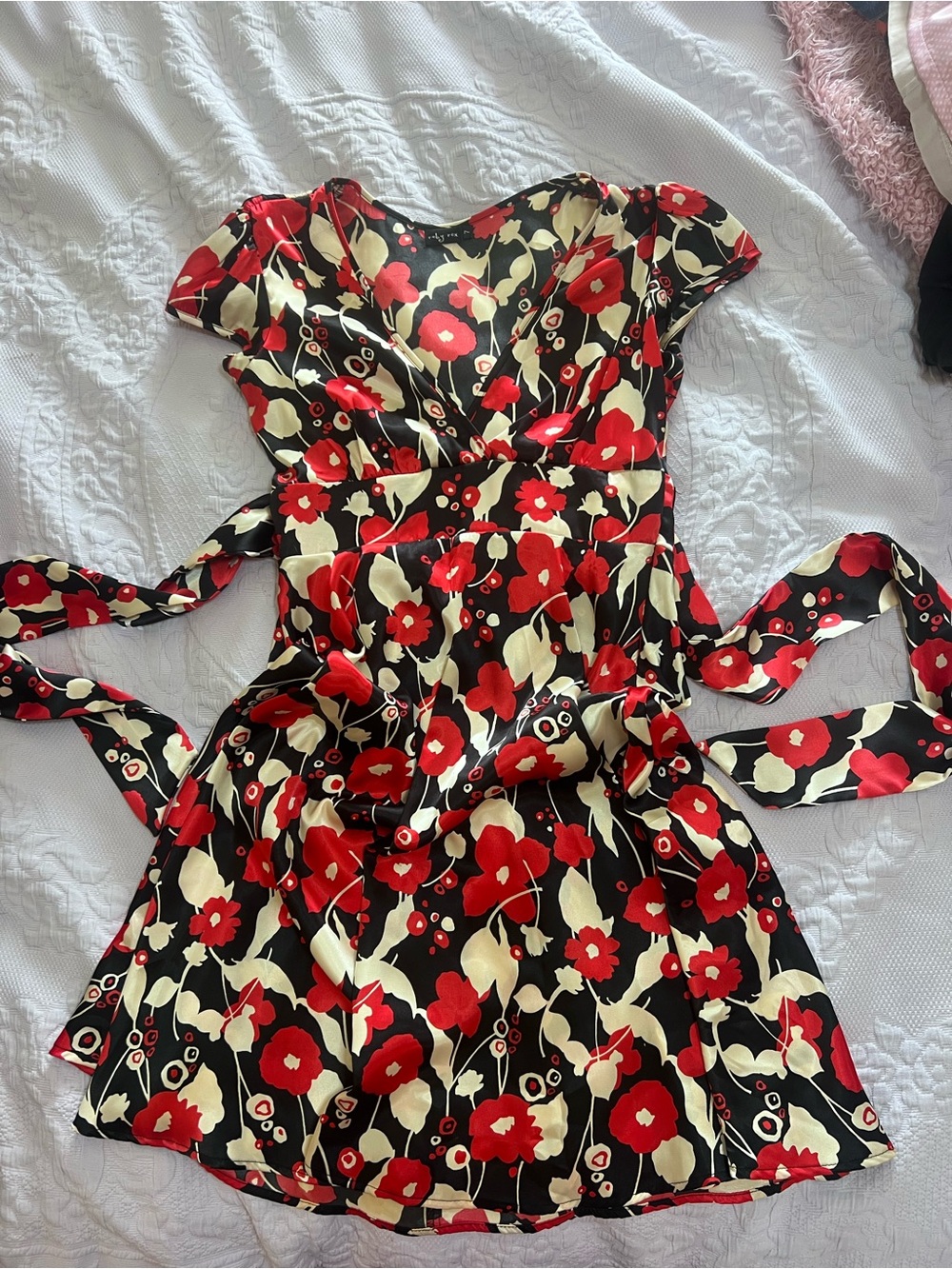 Ruby Rox Black Mini Wrap Dress with Red & Cream Floral Print